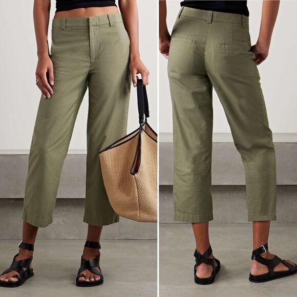 Vince Olive Green Cotton Twill Straight Leg Cropped Pants Size 6 Casual Utility - Picture 1 of 12